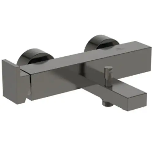 Badearmatur von Ideal Standard in Magnetgrau mit zwei runden Bediengriffen und einer ausgeglichenen, rechteckigen Form.